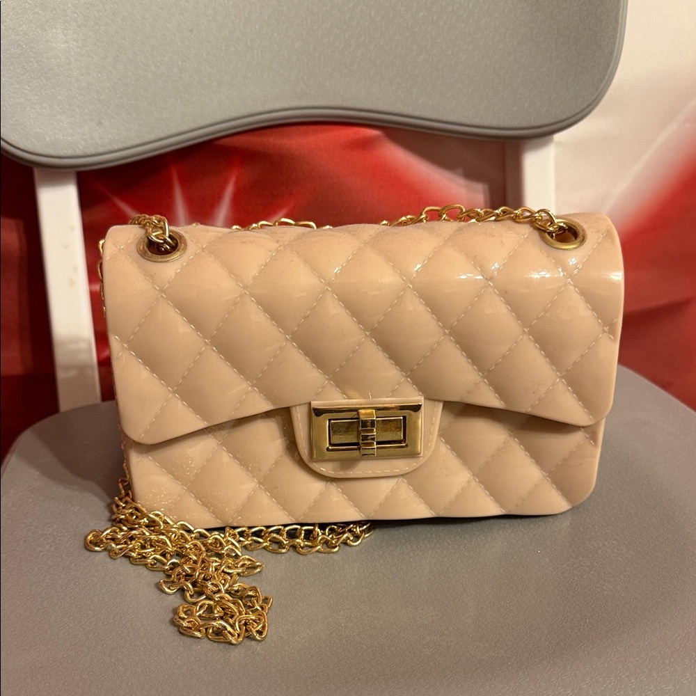 Beige Quilted Chain Shoulder Bag with Gold Hardware